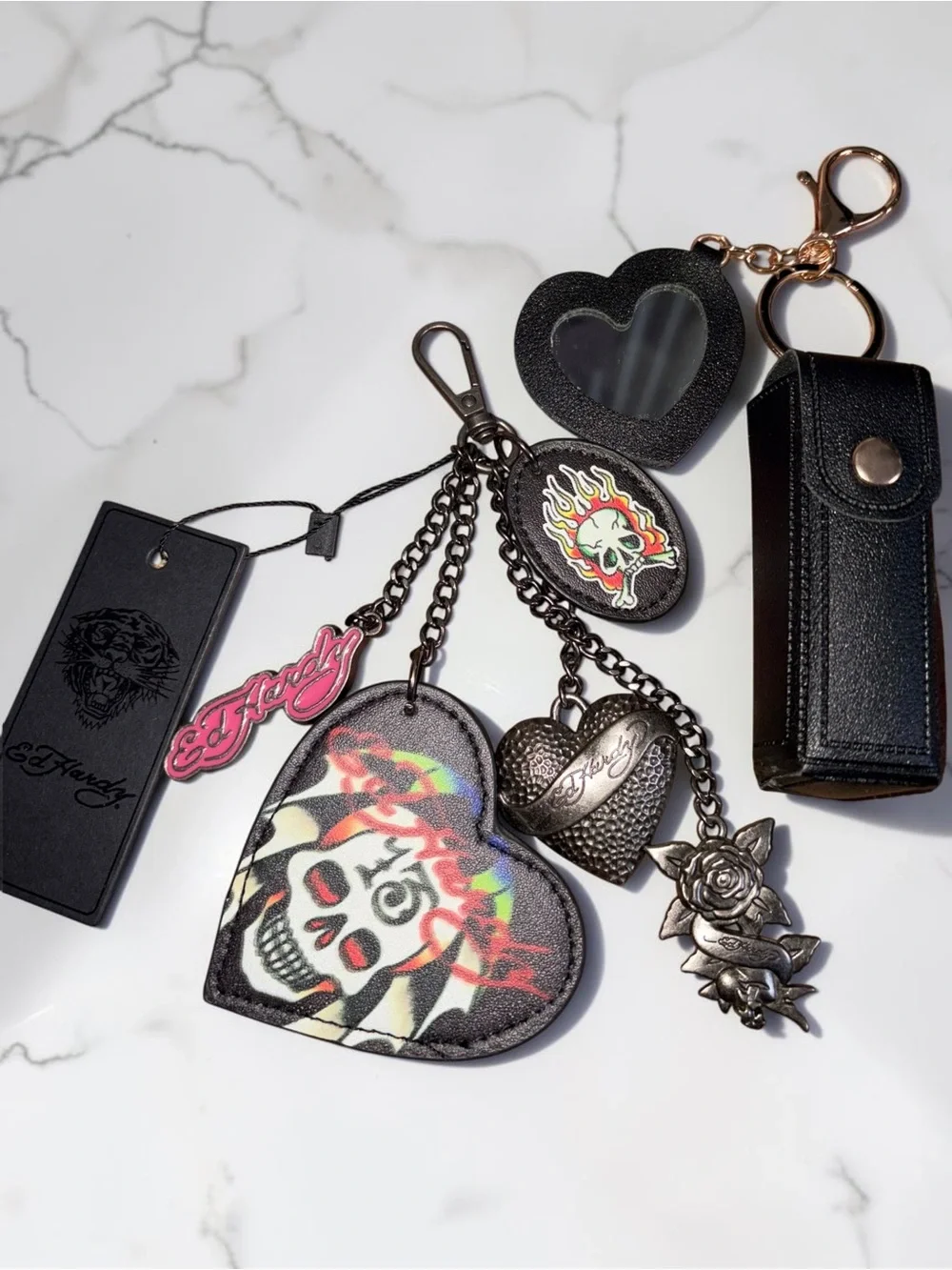 Ed Hardy Black Multi-Charm Heart Skull Key & Lipstick Holder